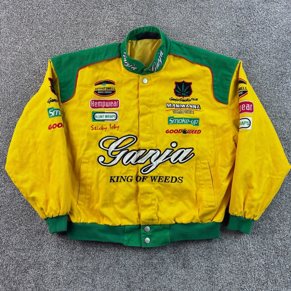 Vintage Ganja Racing Jacket Mens XL Yellow Canvas Weed Bomber Highly Dangerous